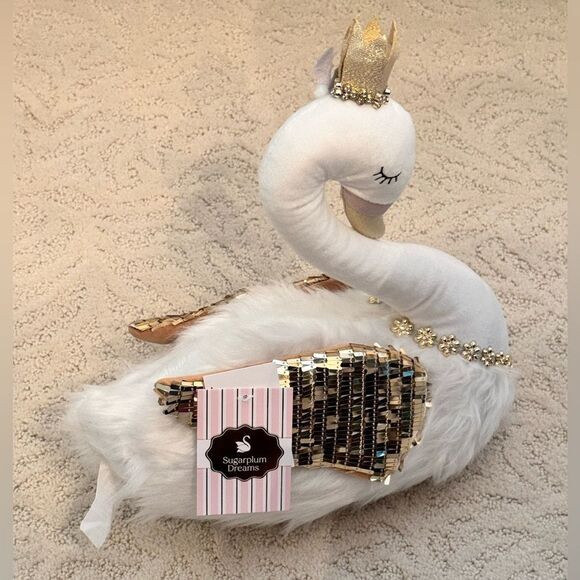 Viral Sugarplum Dreams White Elegant Furry Swan With Glitter Accent Wing Crown - Picture 8 of 8